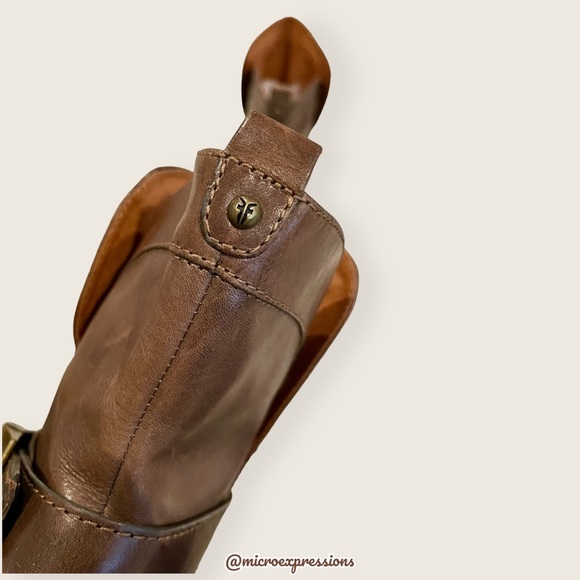 $369 Frye Andrea Mid Tan Brown Vintage Leather Harness Belted Western Ankle Boot - Picture 6 of 10